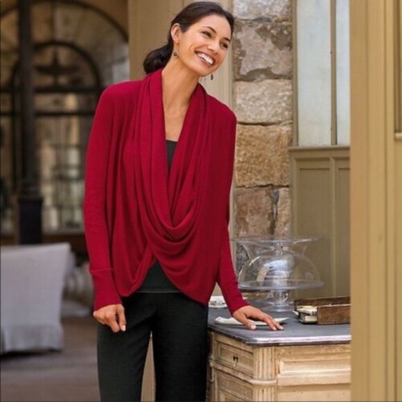 J. Jill Infinity Wrap Drape Front Sweater BLACK Size M Linen Blend Lightweight - Picture 2 of 9